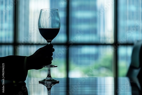 Silhouette of hand holding a wine glass against blurred cityscape background, reflecting sophistication and elegance.