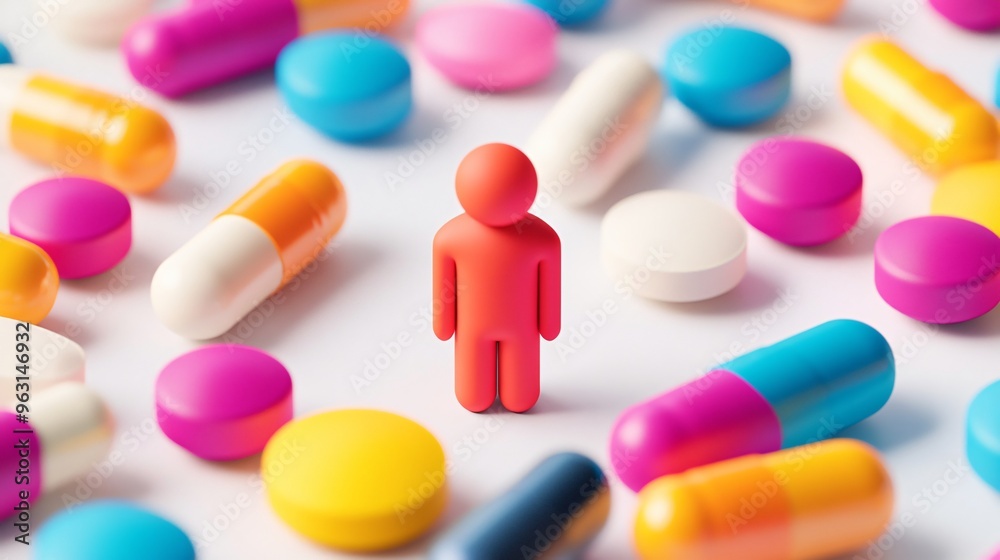 Colorful Pills and Person Figure Healthcare and Medical Concept Colorful Pills and Person Figure Healthcare and Medical Concept