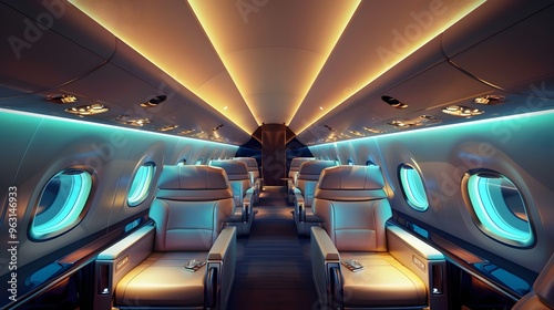 Luxurious Airline Cabin with Spacious Seats and Mood Lighting for Premium Travel Experience