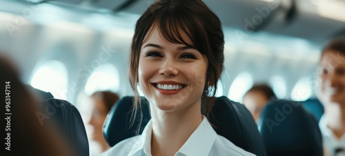 Flight attendant smiles warmly while attending to passengers on an airplane during a sunny day