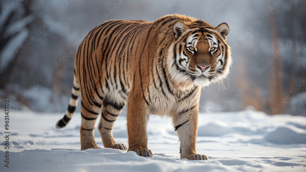 Obraz premium Sabretooth Tiger Roaring in a Blurry Winter Landscape