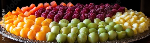 A round platter filled with an array of colorful fruits sliced berries, citrus, and melons neatly arranged on a tray for a fresh and eyecatching display photo