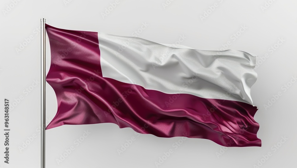 Render of maroon and white Qatari flag waving on grey background, studio lighting, high resolution photography Render of maroon and white Qatari flag waving on grey background, studio lighting, high resolution photography