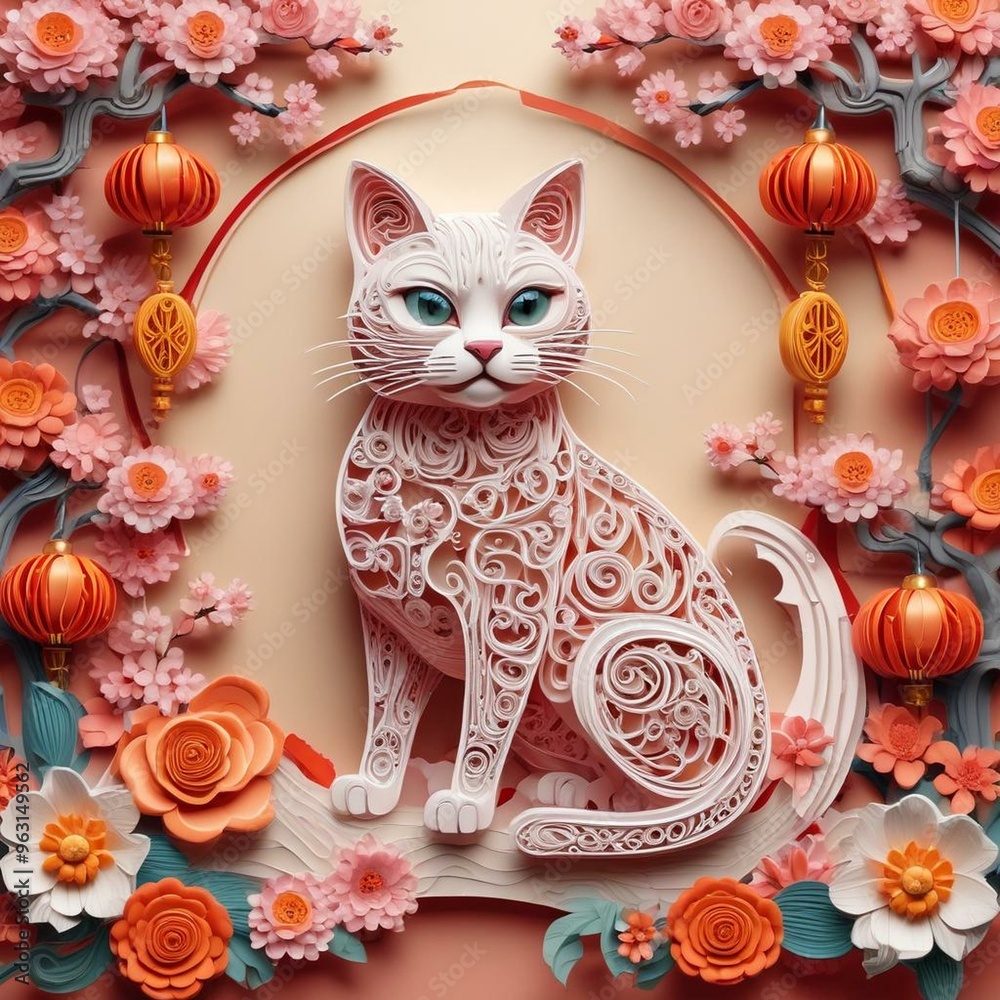 Festive Chinese Zodiac Cat Quilling Illustration with Lanterns and Peach Blossoms