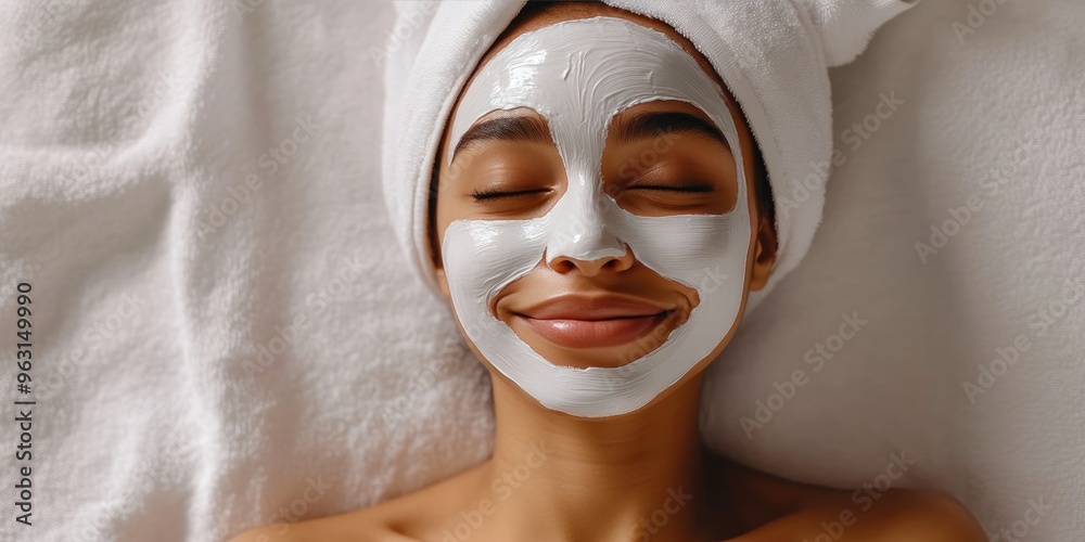 Young woman relaxing with facial treatment Young woman relaxing with facial treatment