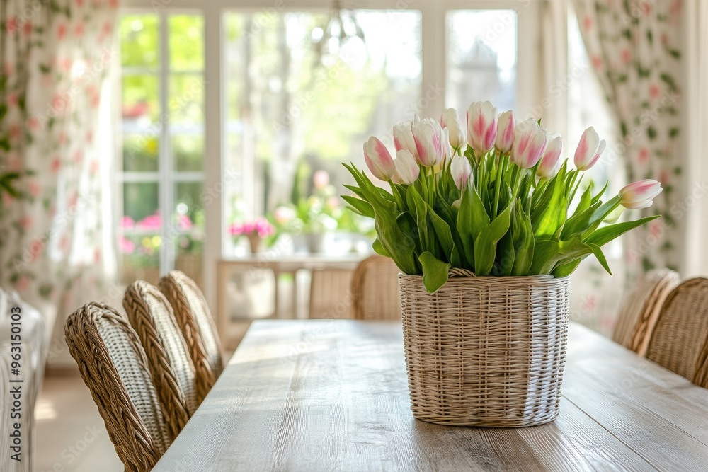 Elegant wicker chairs in cozy dining room Elegant wicker chairs in cozy dining room