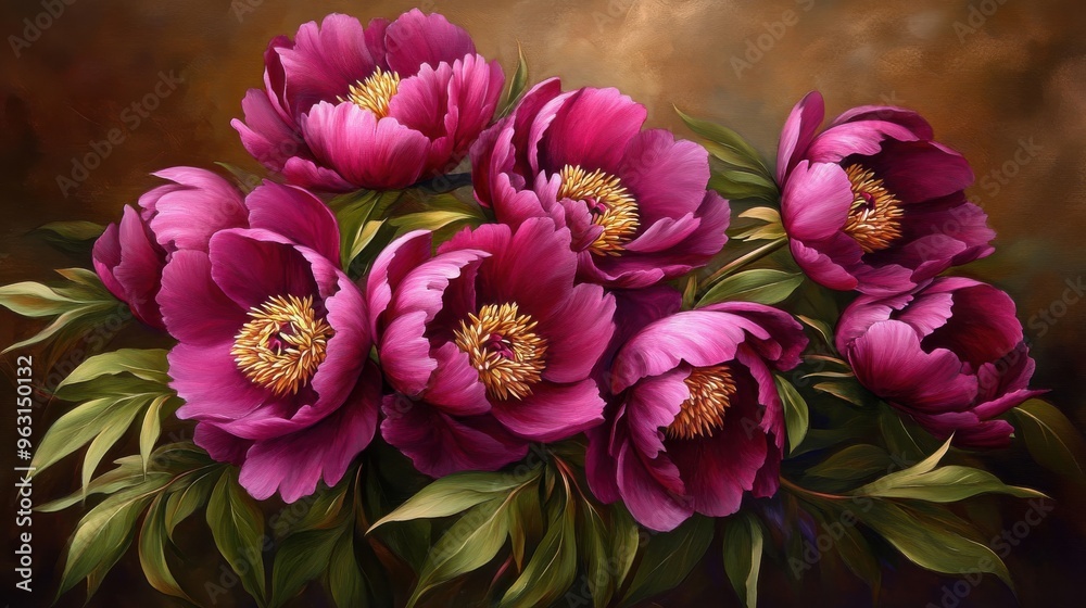 Beautiful peonies in rich purple hues bloom vibrantly among lush green leaves, creating a stunning floral arrangement Beautiful peonies in rich purple hues bloom vibrantly among lush green leaves, creating a stunning floral arrangement