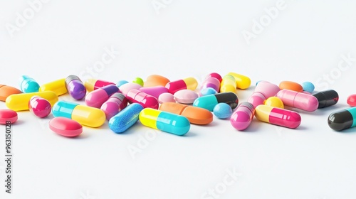 Colorful Capsules Scattered on White Background