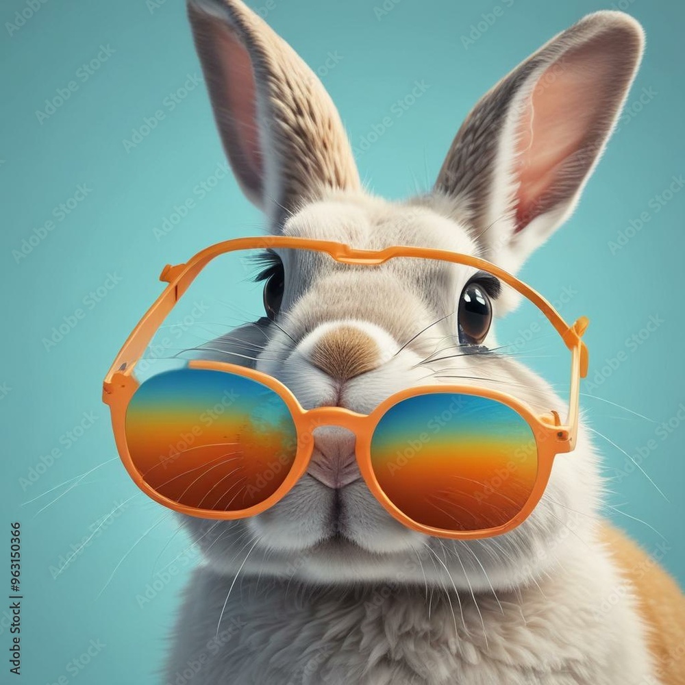 Stylish Rabbit in Orange Set on Pastel Blue Background