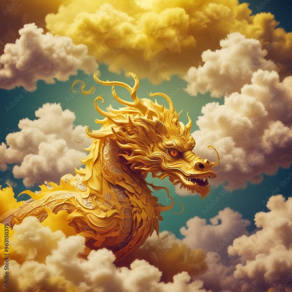 Vibrant Chinese Dragon Amidst Paper Clouds on Yellow Background