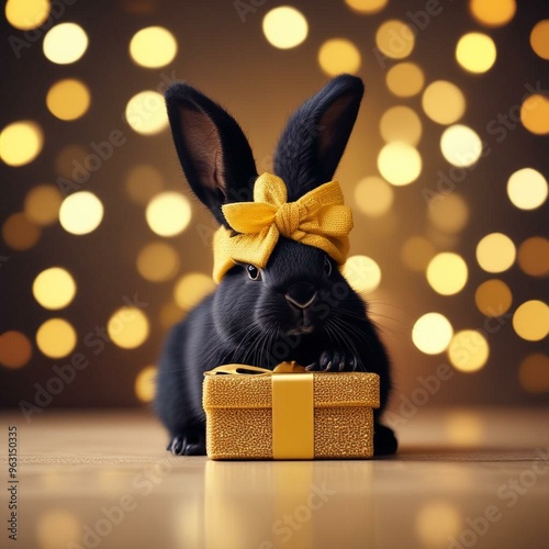 Festive Black Rabbit with Knitted Scarf and Golden Gift