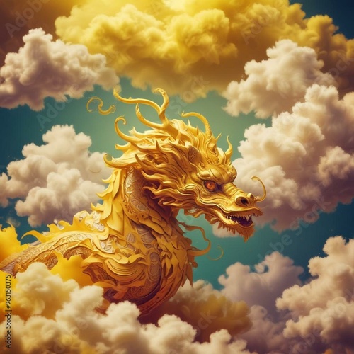 Obraz na płótnie Vibrant Chinese Dragon Amidst Paper Clouds on Yellow Background w salonie