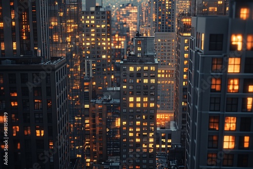 City skyline at night with illuminated buildings creating a vibrant urban atmosphere in a foggy setting