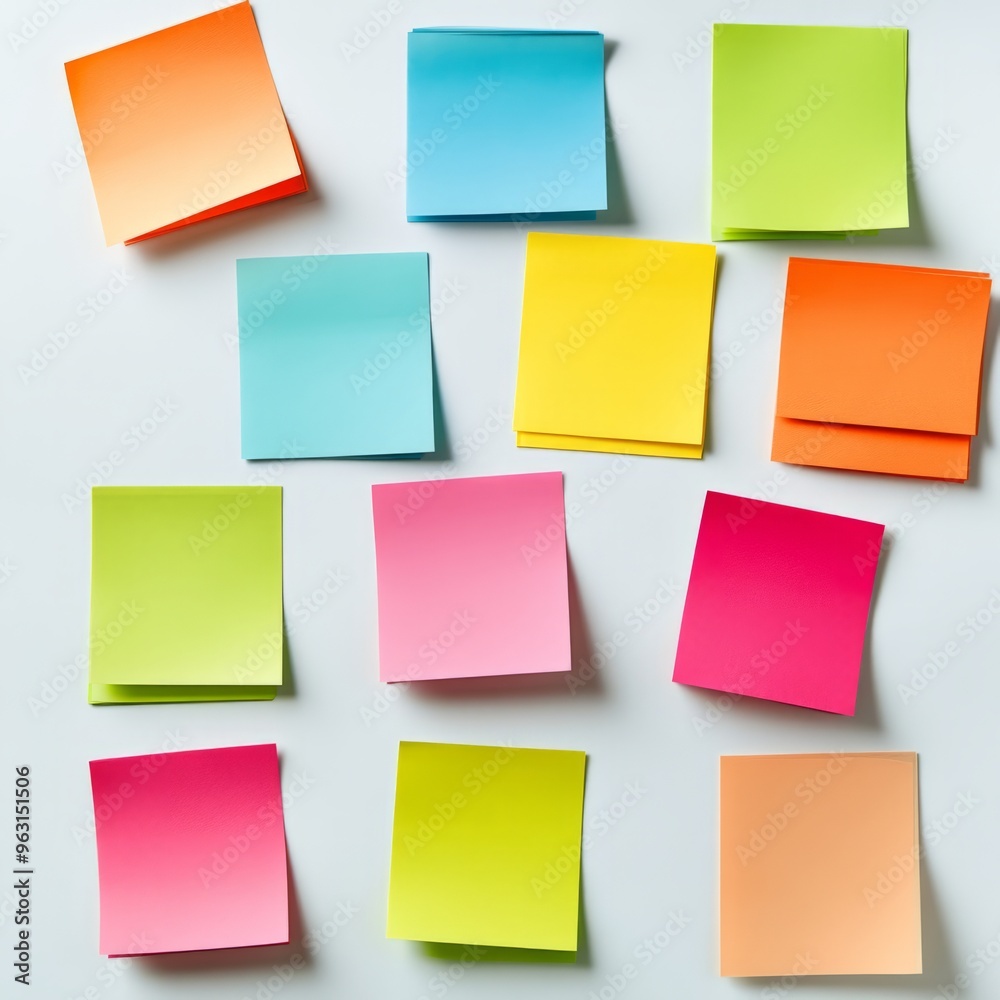 Sticky Notes Chaos: Top View of Colorful Reminders on White Desk Sticky Notes Chaos: Top View of Colorful Reminders on White Desk