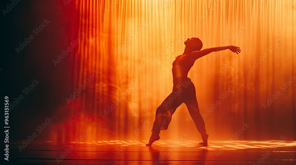 The shadow of a person’s silhouette dancing against a brightly lit stage, with the shadow adding drama and movement to the performance The shadow of a person’s silhouette dancing against a brightly lit stage, with the shadow adding drama and movement to the performance