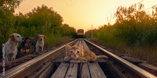 A dramatic scene on train tracks with a malnourished kitten with large, teary eyes photo