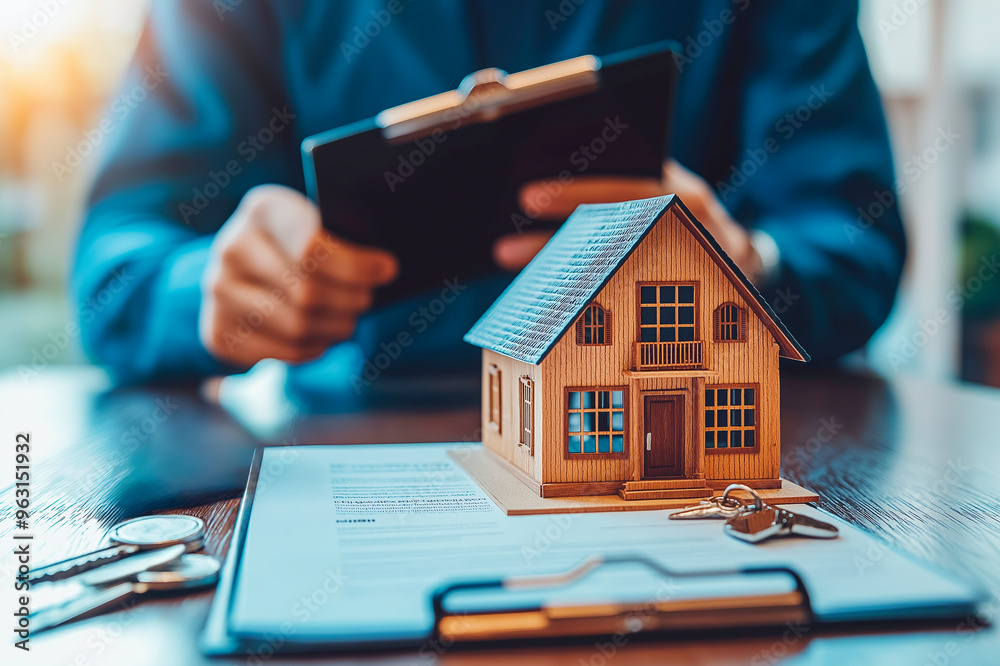 Fototapeta premium Real estate agent with clipboard and house model on desk with keys and document.