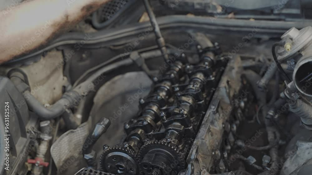 In his workshop, a mechanic is fastening the camshaft pin of a diesel engine. In his workshop, a mechanic is fastening the camshaft pin of a diesel engine.