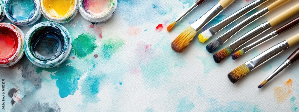 Fototapeta premium Exploring Artistic Hobbies: A Vibrant Palette of Watercolors and Brushes for Creative Expression