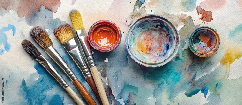 Fototapeta premium Explore the Vibrant World of Watercolor Painting: Essential Brushes and Palette for Creative Expression