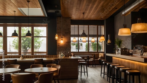  Stylish and modern café interior focusing on a polished wooden table with a cozy atmosphere 