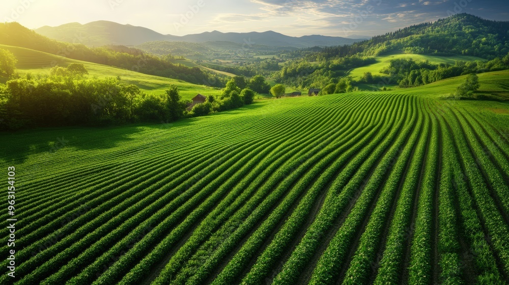 Green Rolling Hills Farmland with Mountain View at Sunset Green Rolling Hills Farmland with Mountain View at Sunset