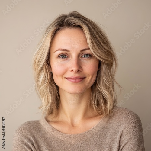 Wallpaper Mural portrait of scandinavian smiling woman is 35 years old with blond hair on beige color background, closeup Torontodigital.ca