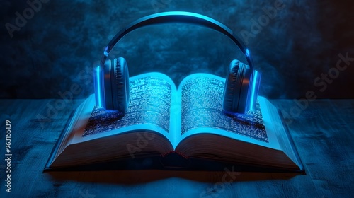 Open audio book with 3D headphones hovering above, pages glowing with digital text, cybernetic aesthetic, dim ambient lighting, soft blue neon accents, calm and immersive atmosphere