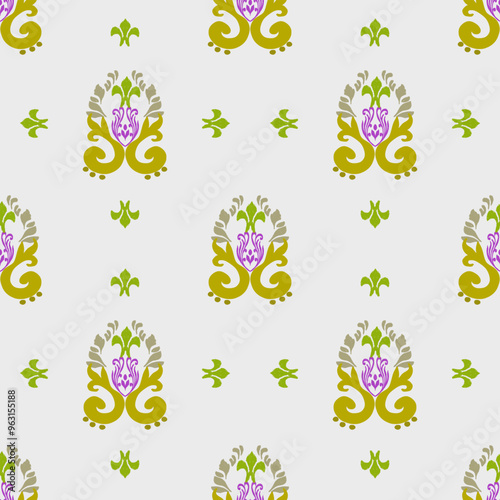 Ikat fabric pattern. Seamless geometric pattern. Brown, green floral pattern on white background. Vector illustration. Wallpaper. Gift wrapping paper. Curtains. Bed sheets.