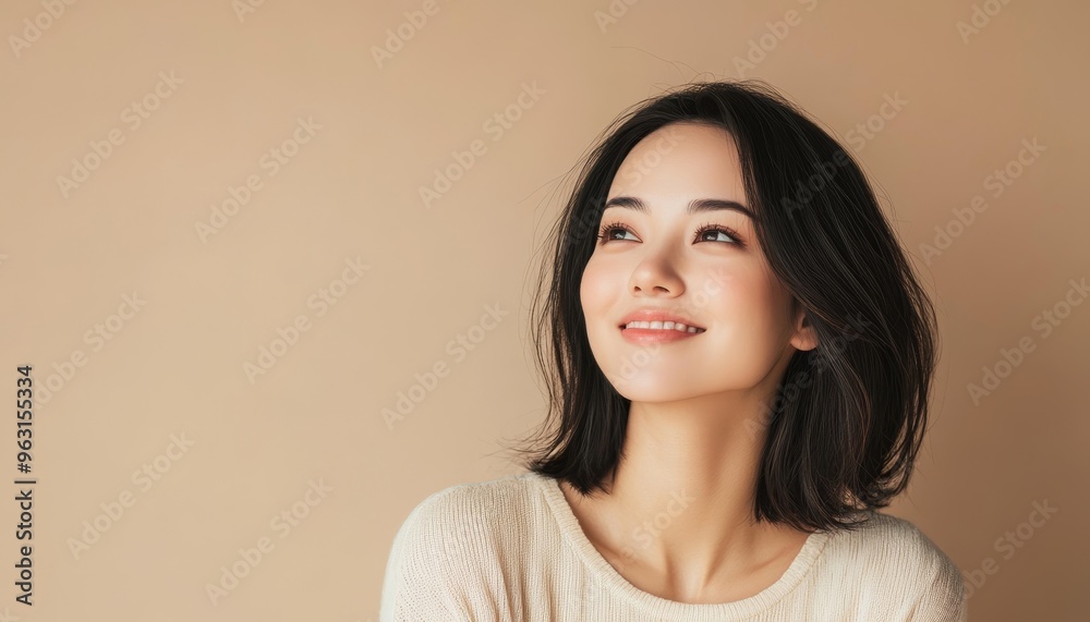 portrait of softly smiling beautiful brunette woman is 35 years old on solid light beige color background with copy space portrait of softly smiling beautiful brunette woman is 35 years old on solid light beige color background with copy space