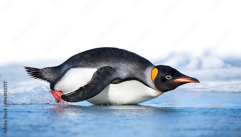 Fototapeta premium clipping path for a playful penguin sliding on ice. The path should trace the pengu