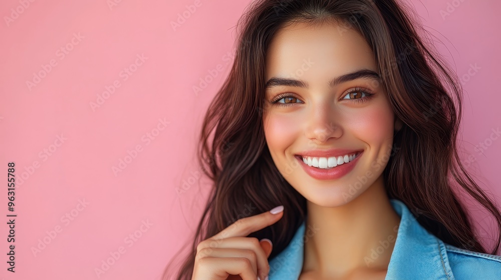 Young caucasian smiling woman with long dark hair wearing light blue denim jacket on pink background, copy space Young caucasian smiling woman with long dark hair wearing light blue denim jacket on pink background, copy space
