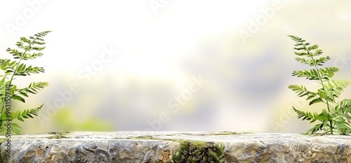 Empty stone surface with green ferns on sides, white blurred background. Perfect for displaying products or creating a nature inspired scene. photo