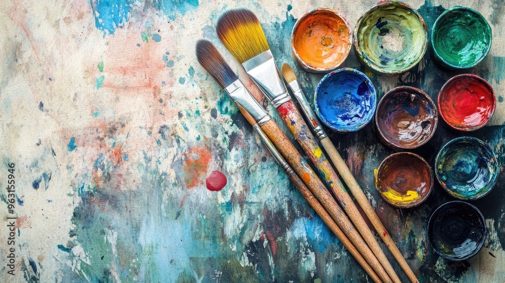 Fototapeta premium Exploring the Artistic Journey: Essential Paint Brushes and Vibrant Color Palette