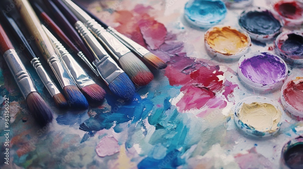 Fototapeta premium Exploring Artistic Tools: A Vibrant Array of Brushes and Paints for Creative Expression