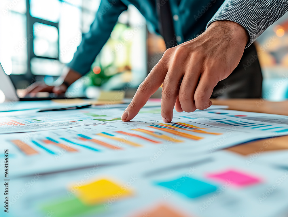 Close-up of a person's hand pointing to a colorful business chart on a table. Close-up of a person's hand pointing to a colorful business chart on a table.