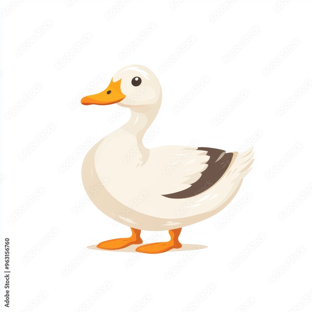 Fototapeta premium Playful Flat Design Waddling Duck with Bright Yellow Beak on White Background | Simple Minimalistic Duck Illustration