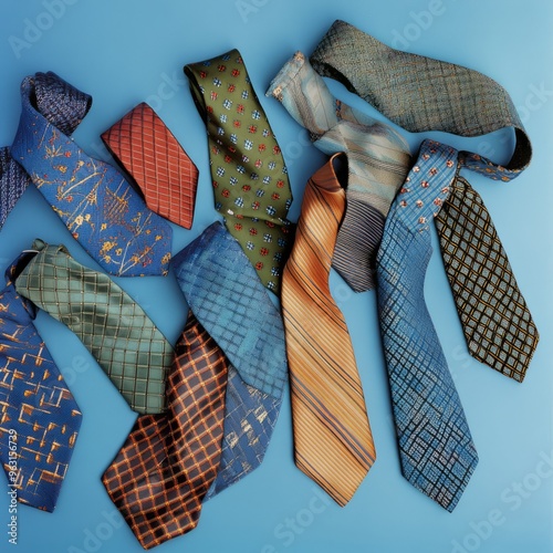 Multiple Ties Flat Lay:  A Soft Blue Background Editorial Photography