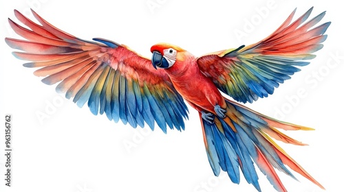 A watercolor painting of a scarlet macaw in flight with its wings spread.  The bird is depicted with a bright red body, blue and green wings, and a yellow beak.