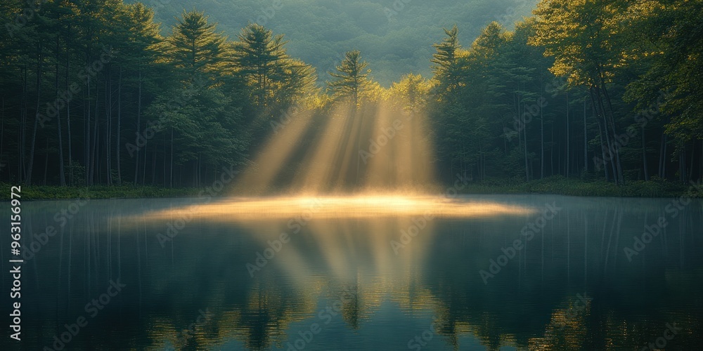 Golden Rays of Sunlight Illuminating a Foggy Forest Lake Golden Rays of Sunlight Illuminating a Foggy Forest Lake