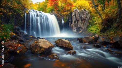 Autumn Waterfall in a Lush Forest