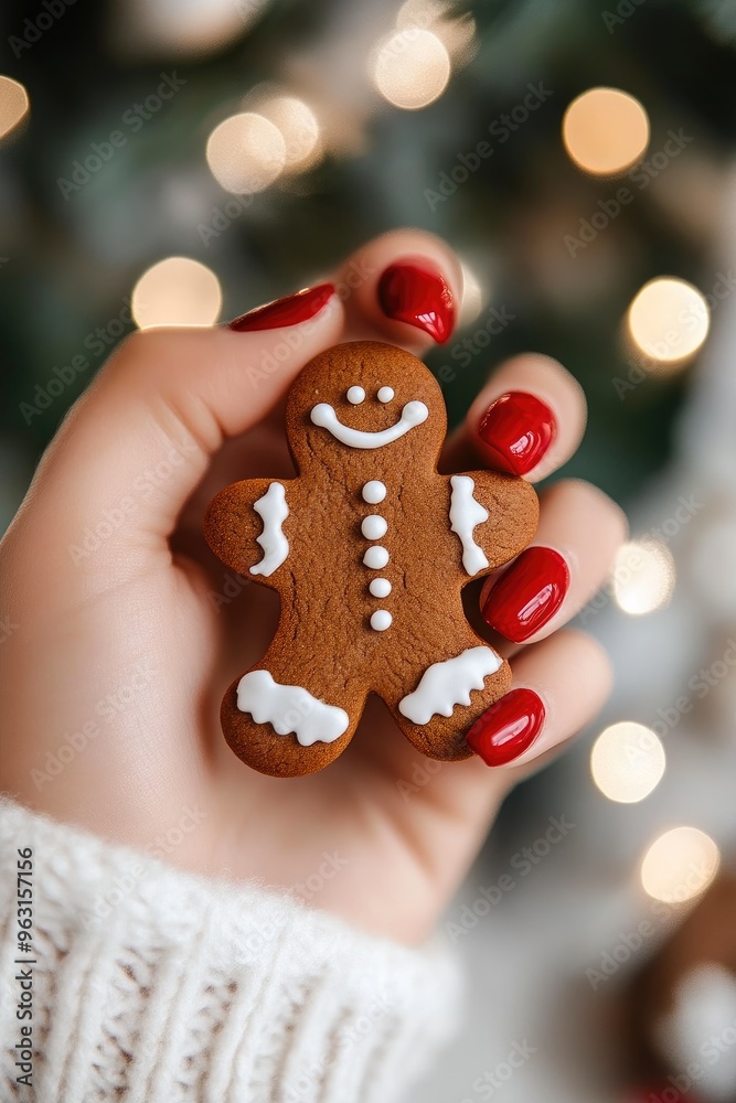 Obraz premium Holiday Spirit: Red Nails and Gingerbread Cookie Detail