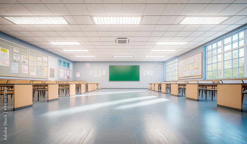 Fototapeta premium Modern classroom interior with multiple desks, chairs, and a green chalkboard, bright lighting and large windows.