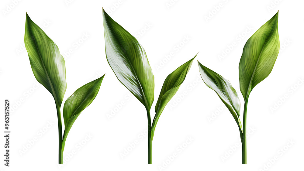 Fototapeta premium Four green leafs on a transparent background,Four Lily of the valley Leafs Isolated,Four Tropical Plant Leaves,leaf transparent png,Decoration work, green plants,Four green leafed plants, Ai