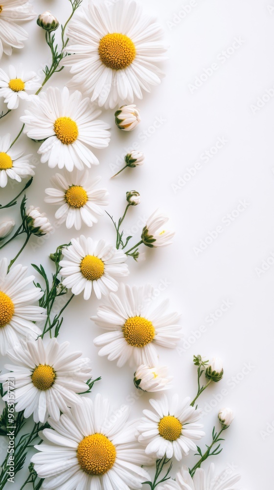 Fototapeta premium Flat lay composition of blooming chamomile flowers with green stems on a clean white vertical background. Minimal natural wallpaper with copy space, perfect for floral or wellness design mockups.