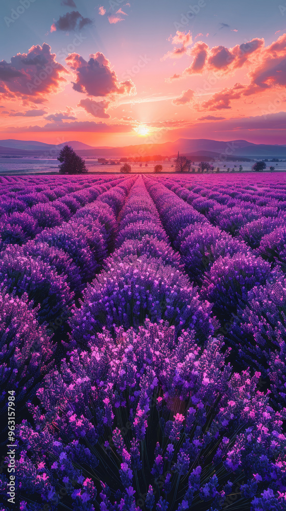 Obraz premium Blooming lavender fields in endless rows of Provence at sunset. Wallpaper for smartphone, photo screensaver for mobile phone.