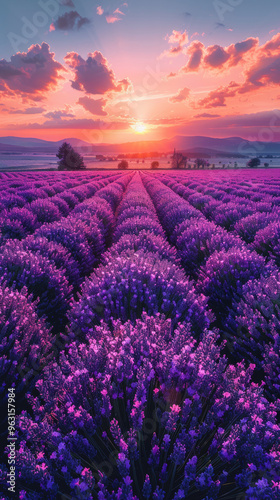 Blooming lavender fields in endless rows of Provence at sunset. Wallpaper for smartphone, photo screensaver for mobile phone.