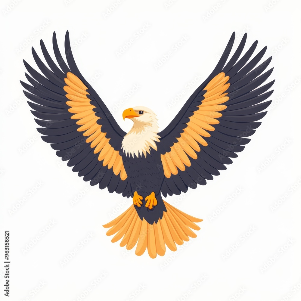 Obraz premium Majestic Flat Design Eagle Soaring with Outstretched Wings on White Background - Minimalistic and Bold Illustration