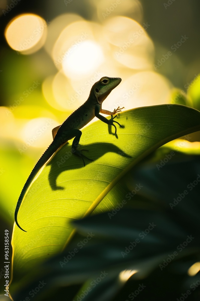 Fototapeta premium A green lizard is sitting on a leaf. The lizard is small and has a long tail. The leaf is green and has a few drops of water on it