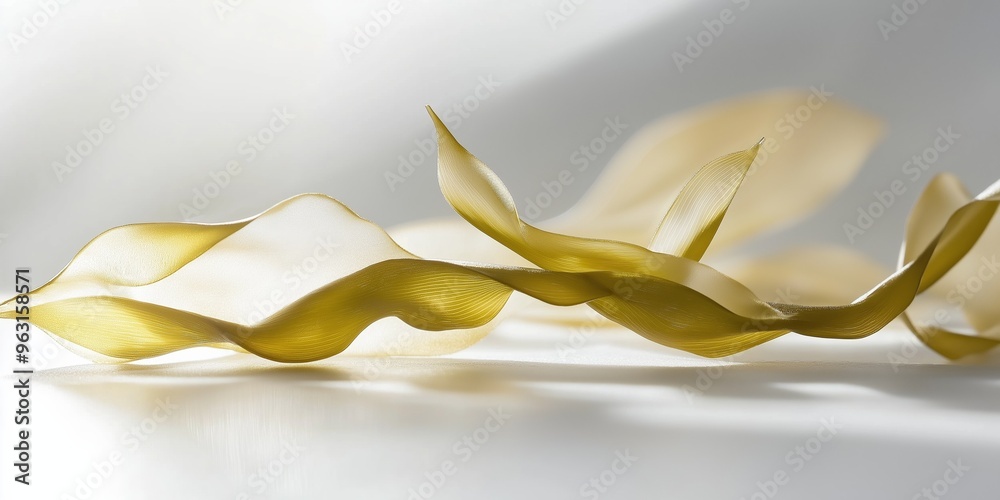 A long, thin, gold ribbon that is curled up and twisted. The ribbon appears to be made of a shiny, metallic material and is placed on a white surface. The ribbon's unique shape A long, thin, gold ribbon that is curled up and twisted. The ribbon appears to be made of a shiny, metallic material and is placed on a white surface. The ribbon's unique shape